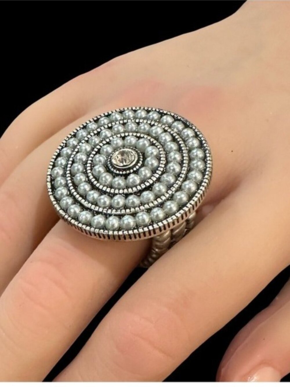 Faux Pearl Silver Tone Stretch Cocktail Ring Size 7 Adjustable Statement Jewelry